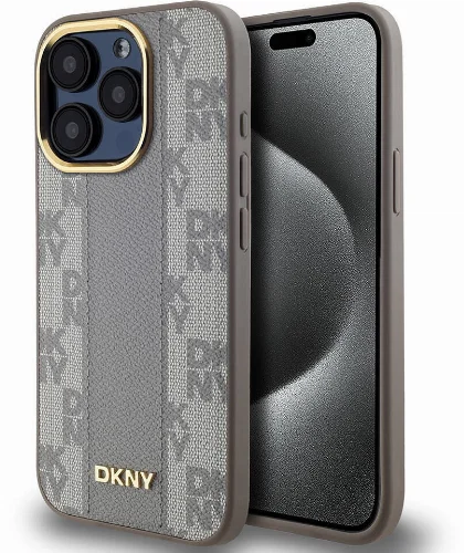 Apple iPhone 15 Pro (6.1) Kılıf DKNY Orjinal Lisanslı Magsafe Şarj Özellikli 3D Yazılı Checkered Pattern Kapak - Krem