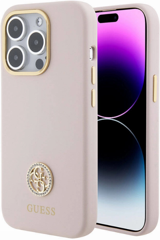 Apple iPhone 15 Pro Kılıf Guess Orjinal Lisanslı Yazı ve Taşlı 4G Logolu Metal Kamera Çerçeveli Silikon Kapak - Pembe