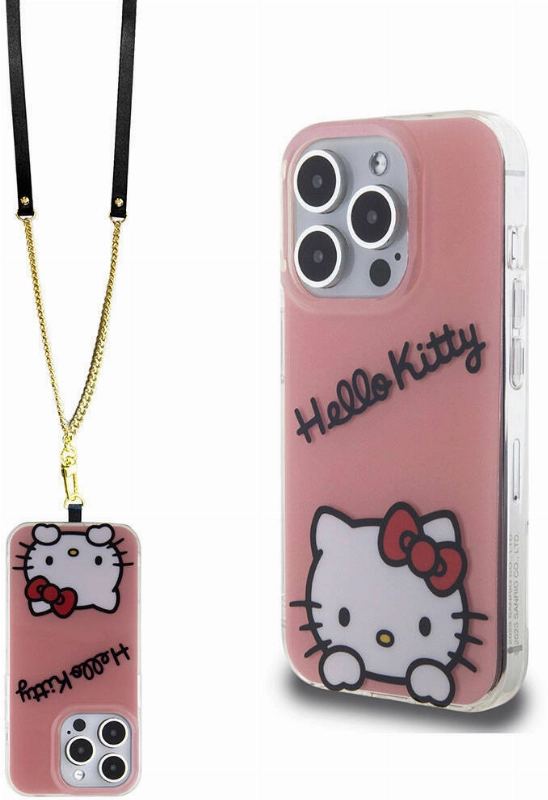 Apple iPhone 15 Pro (6.1) Kılıf Hello Kitty Orjinal Lisanslı Askılı Yazı ve İkonik Logolu Daydreaming Kapak - Pembe