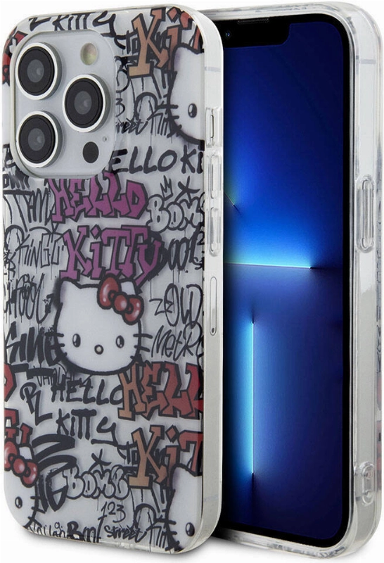 Apple iPhone 15 Pro (6.1) Kılıf Hello Kitty Orjinal Lisanslı İkonik Logolu Etiket Graffiti Kapak - Beyaz