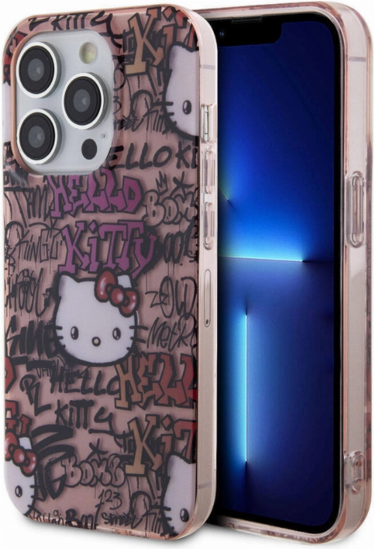 Apple iPhone 15 Pro (6.1) Kılıf Hello Kitty Orjinal Lisanslı İkonik Logolu Etiket Graffiti Kapak - Pembe