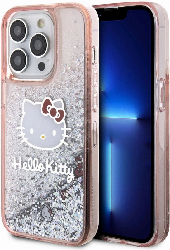 Apple iPhone 15 Pro (6.1) Kılıf Hello Kitty Orjinal Lisanslı İkonik Sıvılı Glitter Kapak - Pembe