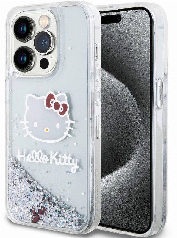 Apple iPhone 15 Pro (6.1) Kılıf Hello Kitty Orjinal Lisanslı İkonik Sıvılı Glitter Kapak - Şeffaf