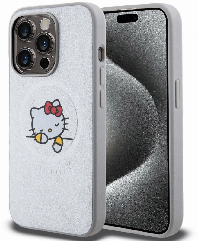 Apple iPhone 15 Pro (6.1) Kılıf Hello Kitty Orjinal Lisanslı Magsafe Şarj Özellikli Baskı Logolu Uyuyan Kitty Deri Kapak - Gümüş