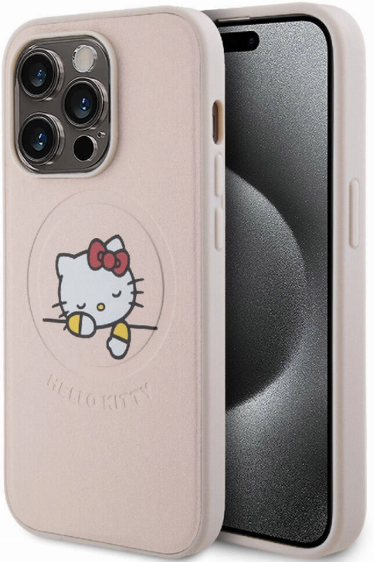 Apple iPhone 15 Pro (6.1) Kılıf Hello Kitty Orjinal Lisanslı Magsafe Şarj Özellikli Baskı Logolu Uyuyan Kitty Deri Kapak - Pembe