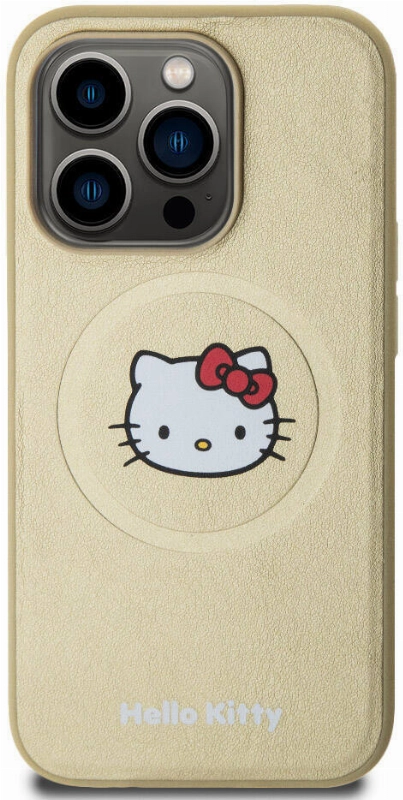 Apple iPhone 15 Pro (6.1) Kılıf Hello Kitty Orjinal Lisanslı Magsafe Şarj Özellikli Kitty Head Deri Kapak - Gold