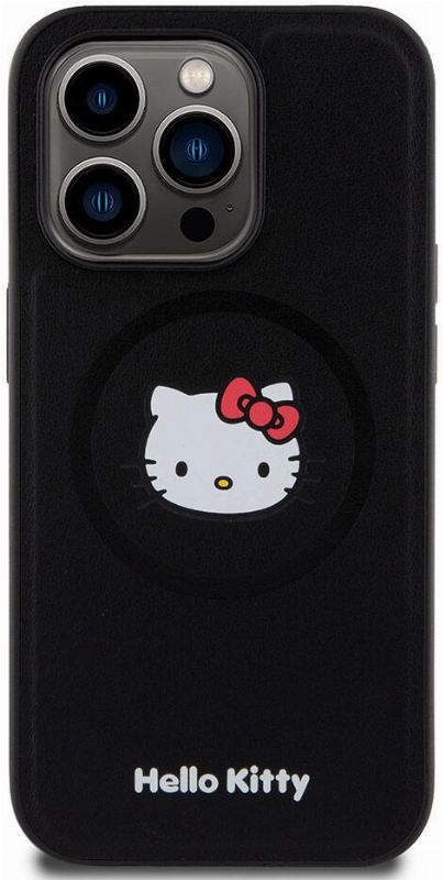 Apple iPhone 15 Pro (6.1) Kılıf Hello Kitty Orjinal Lisanslı Magsafe Şarj Özellikli Kitty Head Deri Kapak - Siyah