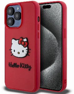 Apple iPhone 15 Pro (6.1) Kılıf Hello Kitty Orjinal Lisanslı Yazı ve İkonik Logolu 3D Rubber Kitty Head Kapak - Kırmızı
