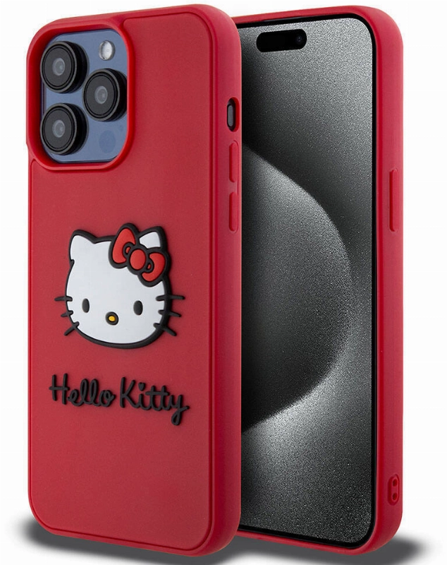 Apple iPhone 15 Pro (6.1) Kılıf Hello Kitty Orjinal Lisanslı Yazı ve İkonik Logolu 3D Rubber Kitty Head Kapak - Kırmızı