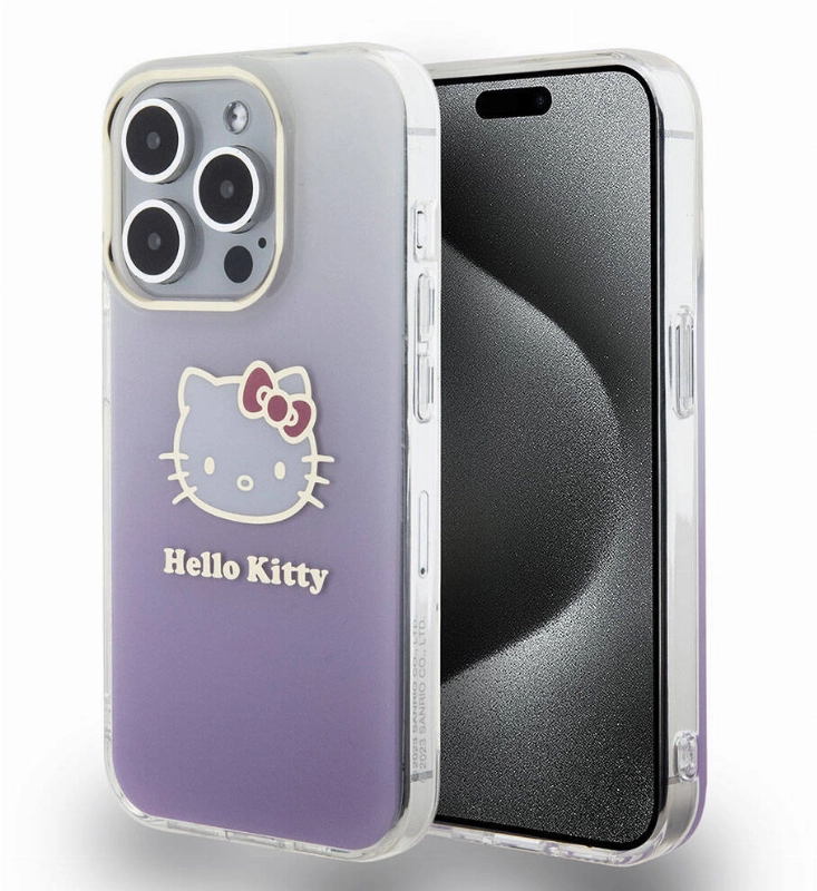 Apple iPhone 15 Pro (6.1) Kılıf Hello Kitty Orjinal Lisanslı Yazı ve İkonik Logolu Elektroplating Kaplama Gradyan Kapak - Mor