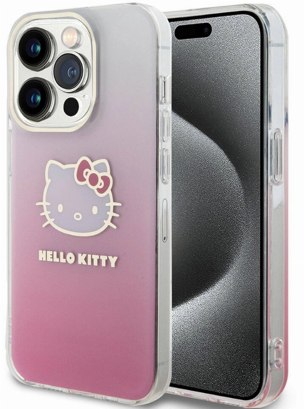 Apple iPhone 15 Pro (6.1) Kılıf Hello Kitty Orjinal Lisanslı Yazı ve İkonik Logolu Elektroplating Kaplama Gradyan Kapak - Pembe