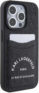 Apple iPhone 15 Pro (6.1) Kılıf Karl Lagerfeld Kartlıklı Saffiano 3D RSG Logo Orjinal Lisanslı Kapak - Siyah