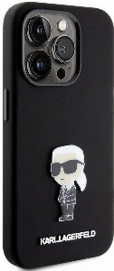 Apple iPhone 15 Pro (6.1) Kılıf Karl Lagerfeld Silikon İkonik Metal Logo Orjinal Lisanslı Kapak - Siyah