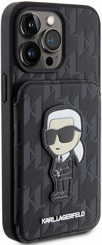 Apple iPhone 15 Pro (6.1) Kılıf Karl Lagerfeld Standlı Kartlıklı Saffiano Monogram İkonik Metal Logo Orjinal Lisanslı Kapak - Siyah