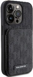 Apple iPhone 15 Pro (6.1) Kılıf Karl Lagerfeld Standlı Kartlıklı Saffiano Monogram Metal Logo Orjinal Lisanslı Kapak - Siyah