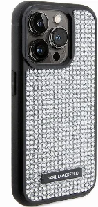 Apple iPhone 15 Pro (6.1) Kılıf Karl Lagerfeld Taşlı Metal Logo Orjinal Lisanslı Kapak - Gümüş