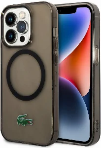 Apple iPhone 15 Pro Kılıf Lacoste Orjinal Lisanslı Magsafe Şarj Özellikli Transparan Timsah Logo Baskılı Kapak - Siyah
