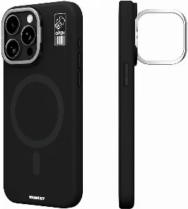 Apple iPhone 15 Pro (6.1) Kılıf Magsafe Şarj Özellikli Kamera Standlı Silikon Youngkit Bitty Cream Kapak - Siyah