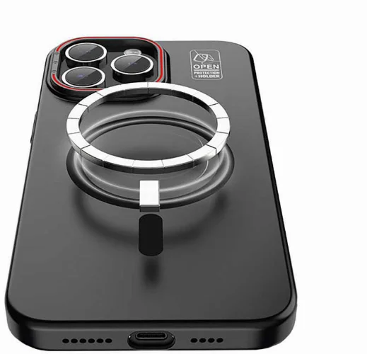 Apple iPhone 15 Pro (6.1) Kılıf Magsafe Şarj Özellikli Standlı Metal Kamera Çerçeveli Mat Recci Glaze Serisi Kapak - Beyaz
