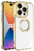 Apple iPhone 15 Pro Max (6.7) Kılıf Kamera Lens Korumalı Şeffaf Renkli Logo Gösteren Parlak Kapak - Gold