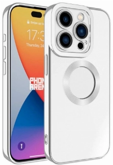 Apple iPhone 15 Pro Max (6.7) Kılıf Kamera Lens Korumalı Şeffaf Renkli Logo Gösteren Parlak Kapak - Gümüş