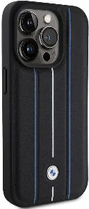Apple iPhone 15 Pro Max (6.7) Kılıf BMW Deri Görünümlü Blue Lines Orjinal Lisanslı Kapak - Siyah