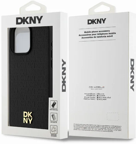 Apple iPhone 15 Pro Max (6.7) Kılıf DKNY Orjinal Lisanslı Magsafe Şarj Özellikli 3D Yazılı Repeat Pattern Kapak - Siyah