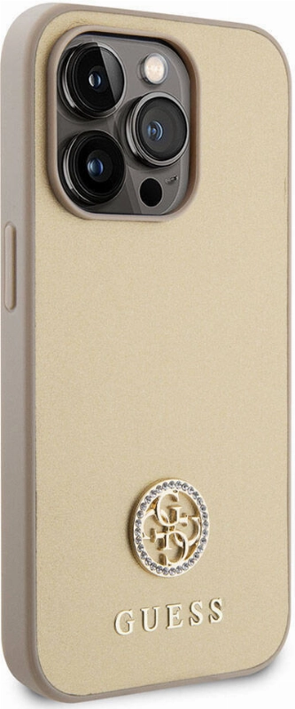 Apple iPhone 15 Pro Max Kılıf Guess Orjinal Lisanslı Deri 4G Metal Logo Strass Kapak - Gold