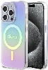 Apple iPhone 15 Pro Max Kılıf Guess Orjinal Lisanslı Magsafe Şarj Özellikli Yazı Logolu Iridescent Kapak - Pembe