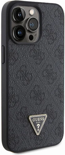 Apple iPhone 15 Pro Max Kılıf Guess Orjinal Lisanslı PU Deri Taşlı Üçgen Logo 4G Desenli Strass Kapak - Siyah