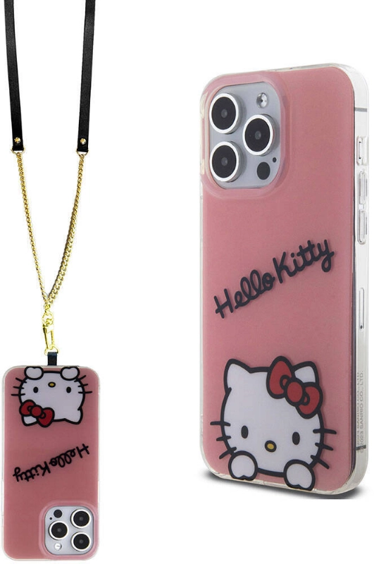 Apple iPhone 15 Pro Max (6.7) Kılıf Hello Kitty Orjinal Lisanslı Askılı Yazı ve İkonik Logolu Daydreaming Kapak - Pembe