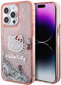 Apple iPhone 15 Pro Max (6.7) Kılıf Hello Kitty Orjinal Lisanslı İkonik Sıvılı Glitter Kapak - Pembe