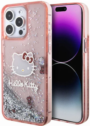 Apple iPhone 15 Pro Max (6.7) Kılıf Hello Kitty Orjinal Lisanslı İkonik Sıvılı Glitter Kapak - Pembe