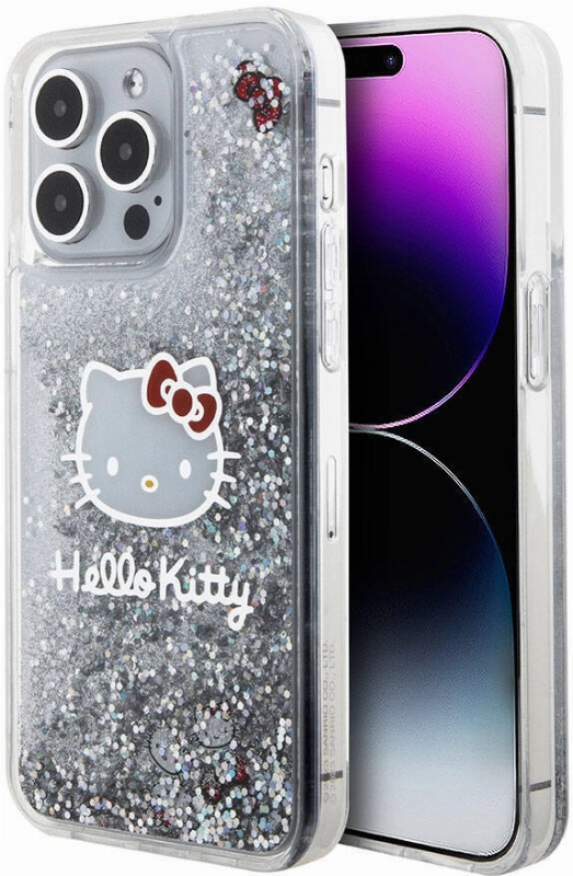 Apple iPhone 15 Pro Max (6.7) Kılıf Hello Kitty Orjinal Lisanslı İkonik Sıvılı Glitter Kapak - Şeffaf