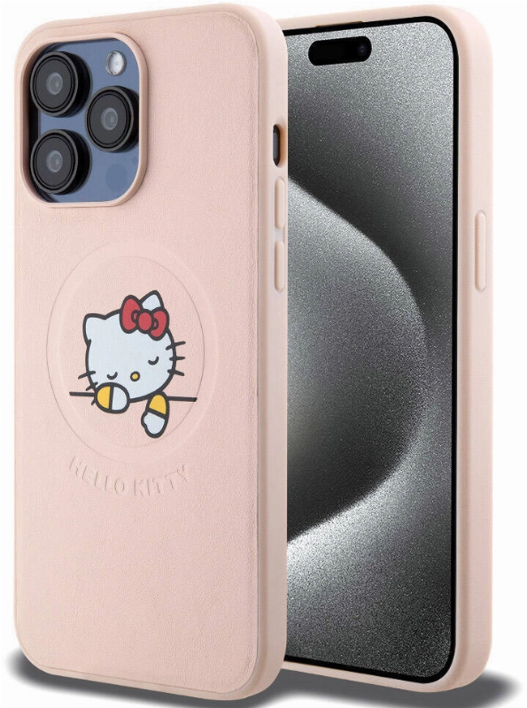 Apple iPhone 15 Pro Max (6.7) Kılıf Hello Kitty Orjinal Lisanslı Magsafe Şarj Özellikli Baskı Logolu Uyuyan Kitty Deri Kapak - Pembe