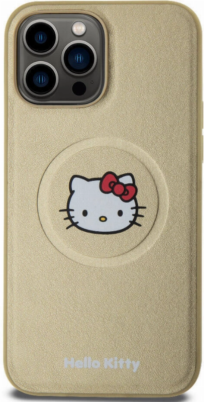 Apple iPhone 15 Pro Max (6.7) Kılıf Hello Kitty Orjinal Lisanslı Magsafe Şarj Özellikli Kitty Head Deri Kapak - Gold