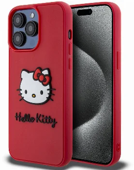 Apple iPhone 15 Pro Max (6.7) Kılıf Hello Kitty Orjinal Lisanslı Yazı ve İkonik Logolu 3D Rubber Kitty Head Kapak - Kırmızı
