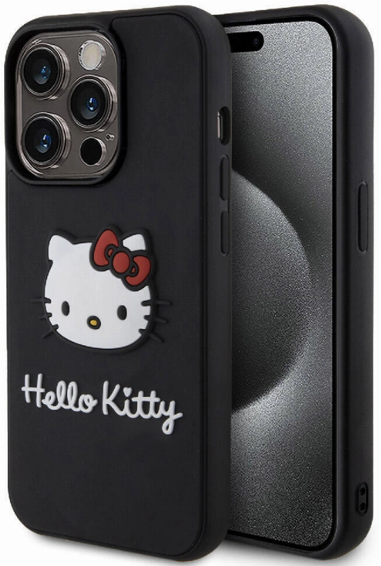 Apple iPhone 15 Pro Max (6.7) Kılıf Hello Kitty Orjinal Lisanslı Yazı ve İkonik Logolu 3D Rubber Kitty Head Kapak - Siyah