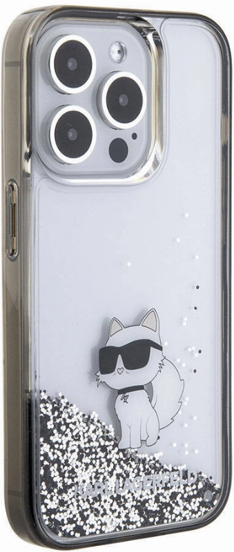 Apple iPhone 15 Pro Max (6.7) Kılıf Karl Lagerfeld Choupette Sıvılı Glitter Orjinal Lisanslı Kapak - Şeffaf