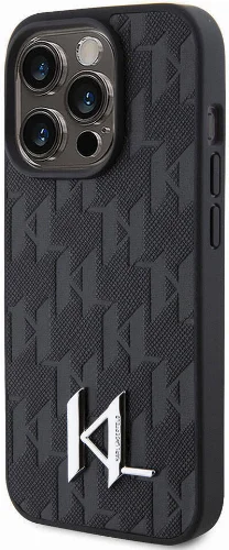 Apple iPhone 15 Pro Max (6.7) Kılıf Karl Lagerfeld Hot Stamp K&L Metal Logo Orjinal Lisanslı Kapak - Siyah