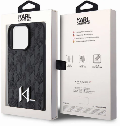 Apple iPhone 15 Pro Max (6.7) Kılıf Karl Lagerfeld Hot Stamp K&L Metal Logo Orjinal Lisanslı Kapak - Siyah