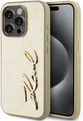 Apple iPhone 15 Pro Max (6.7) Kılıf Karl Lagerfeld Orjinal Lisanslı 3D KL Yazılı Tüylü Arka Yüzey Saffiano Rhinestones Kapak - Gold