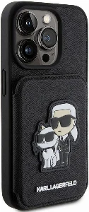 Apple iPhone 15 Pro Max (6.7) Kılıf Karl Lagerfeld Standlı Kartlıklı Saffiano K&C Metal Logo Orjinal Lisanslı Kapak - Siyah