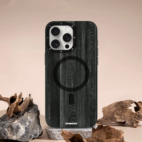 Apple iPhone 15 Pro Max (6.7) Kılıf Magsafe Şarj Özellikli Sararmaya Dayanıklı Youngkit Wood Forest Serisi Kapak - Kahverengi