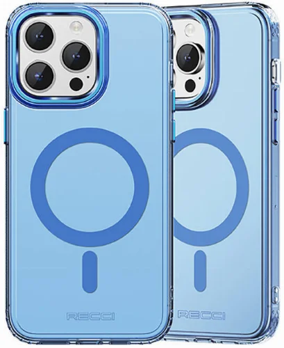 Apple iPhone 15 Pro Max (6.7) Kılıf Magsafe Şarj Özellikli Saydam Arka Yüzey Recci Crystal Color Serisi Kapak - Mavi