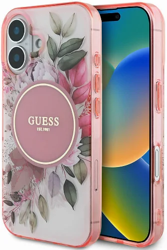 Apple iPhone 16 Guess Orjinal Lisanslı Magsafe Şarj Özellikli IML Baskılı Yazı Logolu Flower Tonal Circle Kapak - Pembe