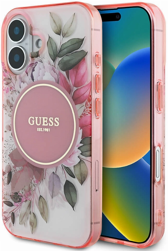 Apple iPhone 16 Guess Orjinal Lisanslı Magsafe Şarj Özellikli IML Baskılı Yazı Logolu Flower Tonal Circle Kapak - Pembe