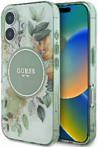 Apple iPhone 16 Guess Orjinal Lisanslı Magsafe Şarj Özellikli IML Baskılı Yazı Logolu Flower Tonal Circle Kapak - Yeşil