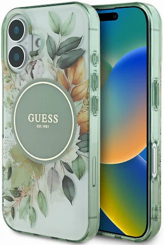 Apple iPhone 16 Guess Orjinal Lisanslı Magsafe Şarj Özellikli IML Baskılı Yazı Logolu Flower Tonal Circle Kapak - Yeşil