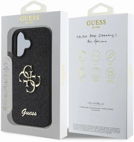 Apple iPhone 16 (6.1) Kılıf Guess Orjinal Lisanslı 4G Büyük Metal Logolu Glitter Kapak - Siyah